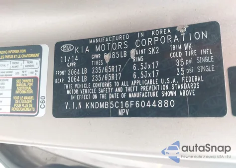2015 Kia Sedona Lx z USA, uszkodzony, nr VIN KNDMB5C16F6044880